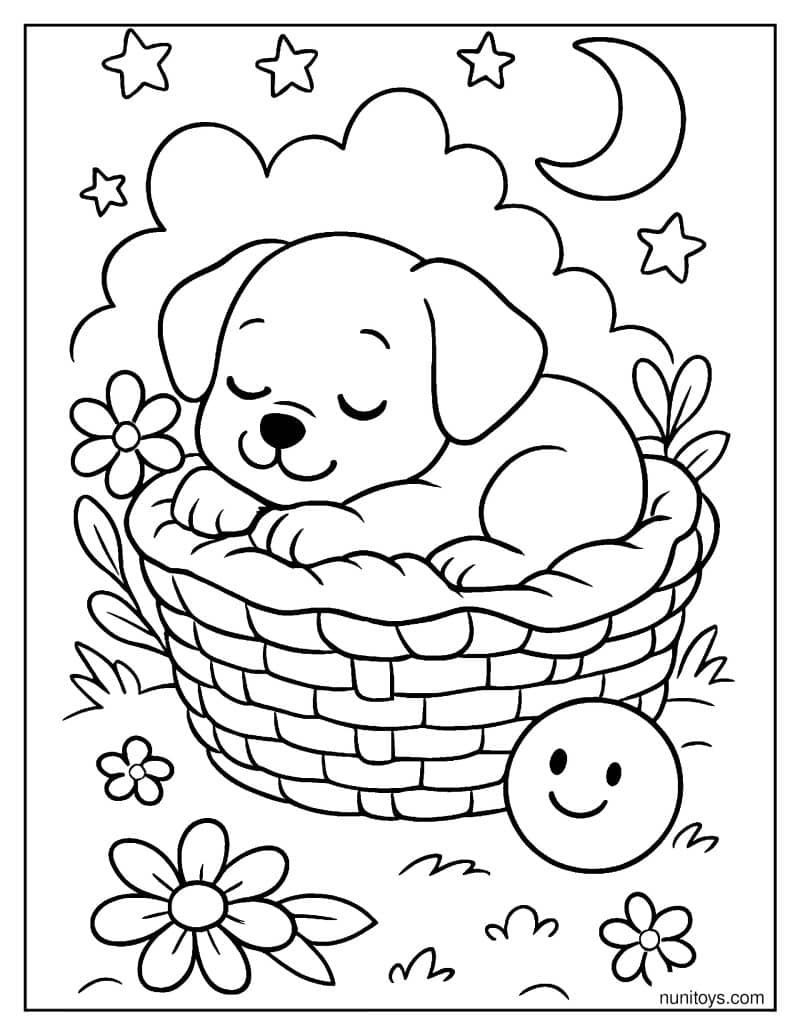 דף צביעה של גור כלבים חמוד ישן בסל