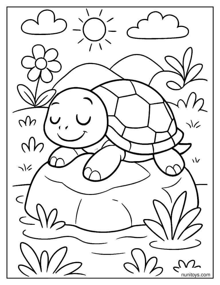 Coloriage d’une tortue aux yeux fermés sur un rocher fleuri