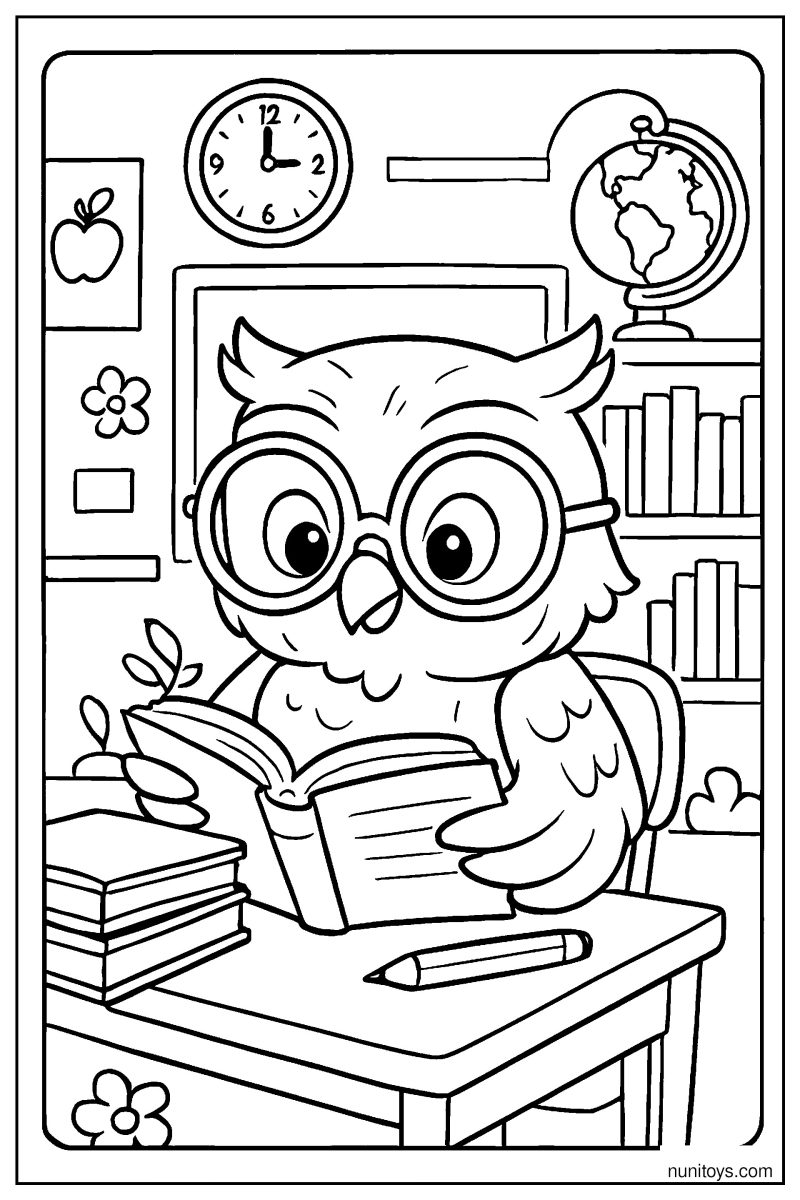 דף צביעה של ינשוף חכם עם משקפיים קורא ספר בכיתה