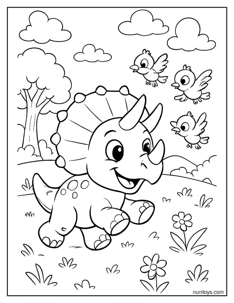 Smiling Baby Triceratops Chasing Small Birds Coloring Page