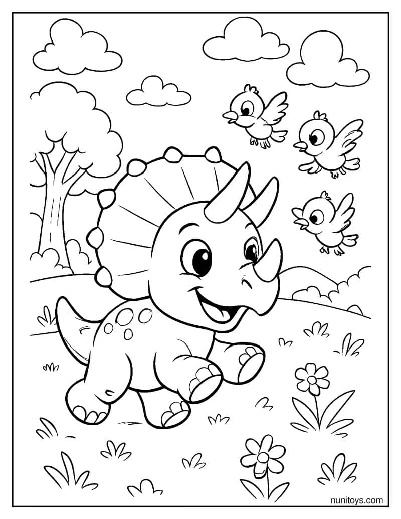 Smiling Baby Triceratops Chasing Small Birds Coloring Page