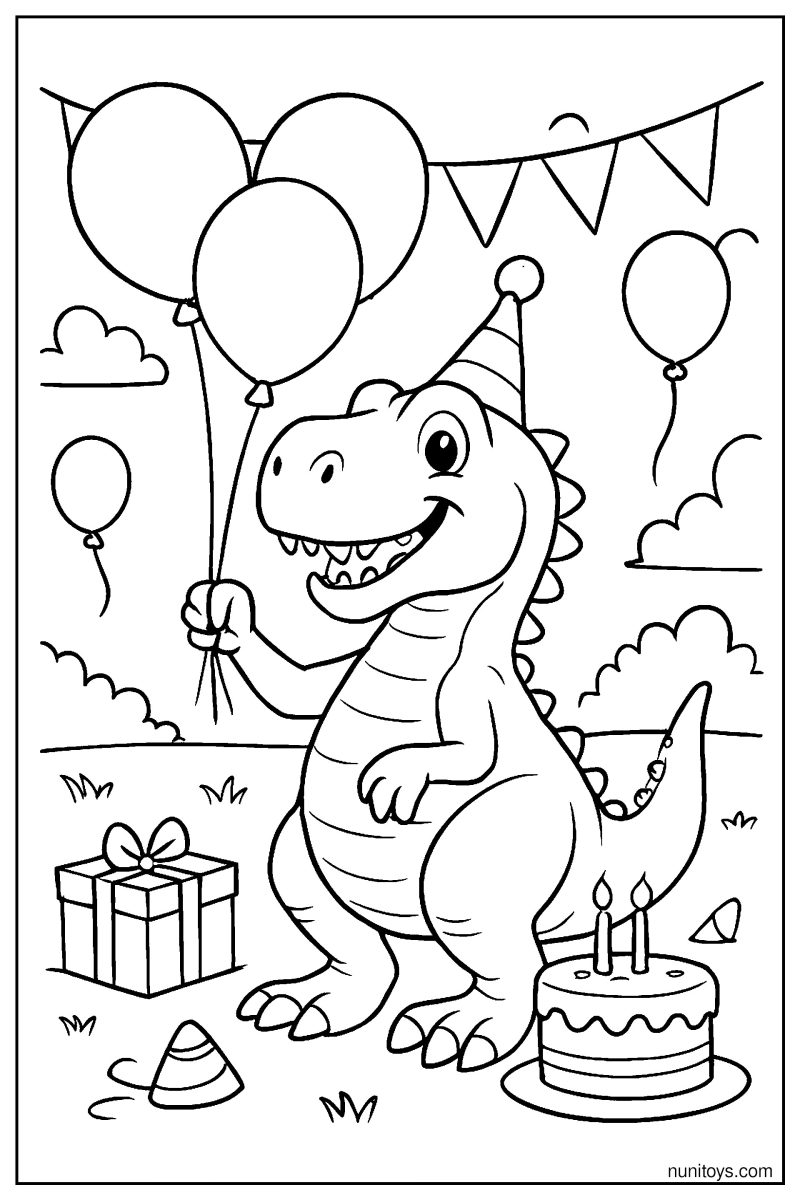 Smiling Allosaurus with Balloons at a Dinosaur Birthday Coloring Page