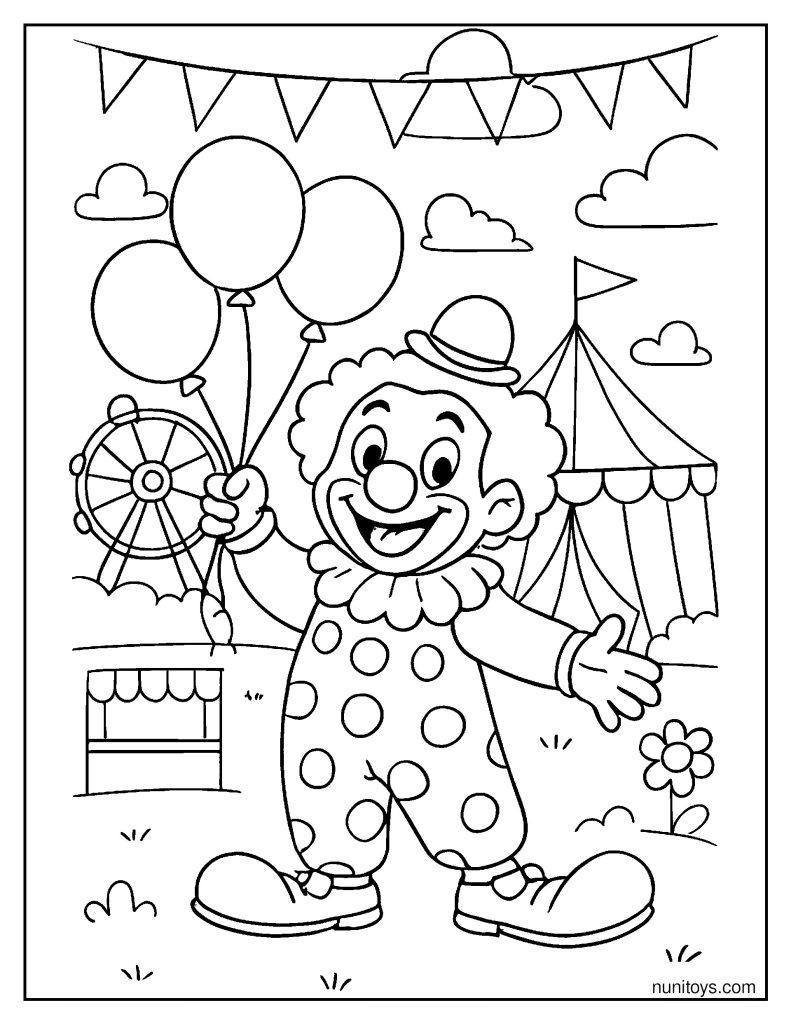 Smiling Clown Holding Balloons Coloring Page for Kids