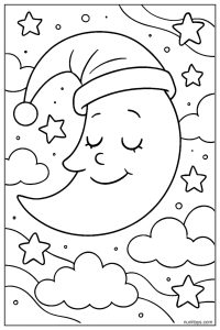 Smiling Moon in a Nightcap Dreaming Coloring Page