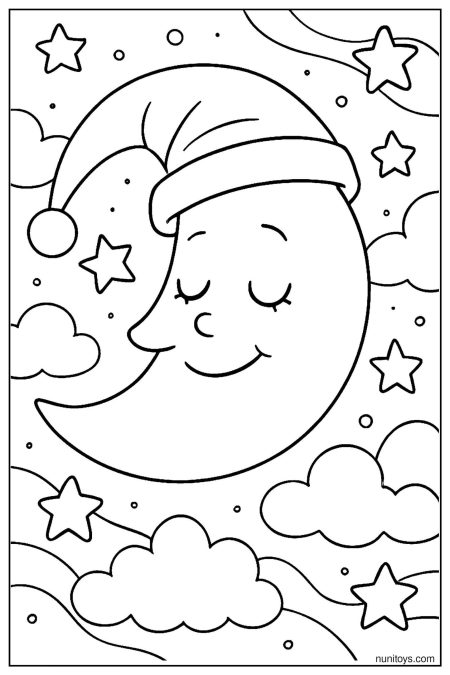 Sleeping Moon Wearing Nightcap in Starry Sky Coloring Page