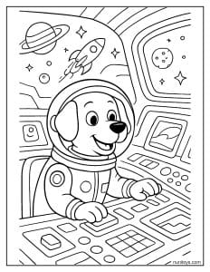 דף צביעה של כלב אסטרונאוט במשימת חלל בתחנת בקרה