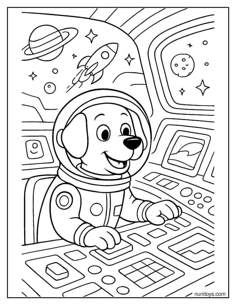 דף צביעה של כלב אסטרונאוט במשימת חלל בתחנת בקרה