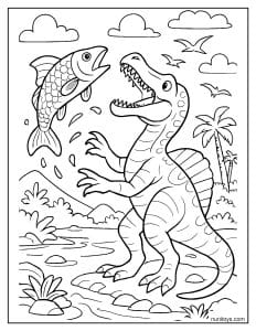 Spinosaurus Catching a Large Fish: Dramatic Mid-Air Scene Coloring Page