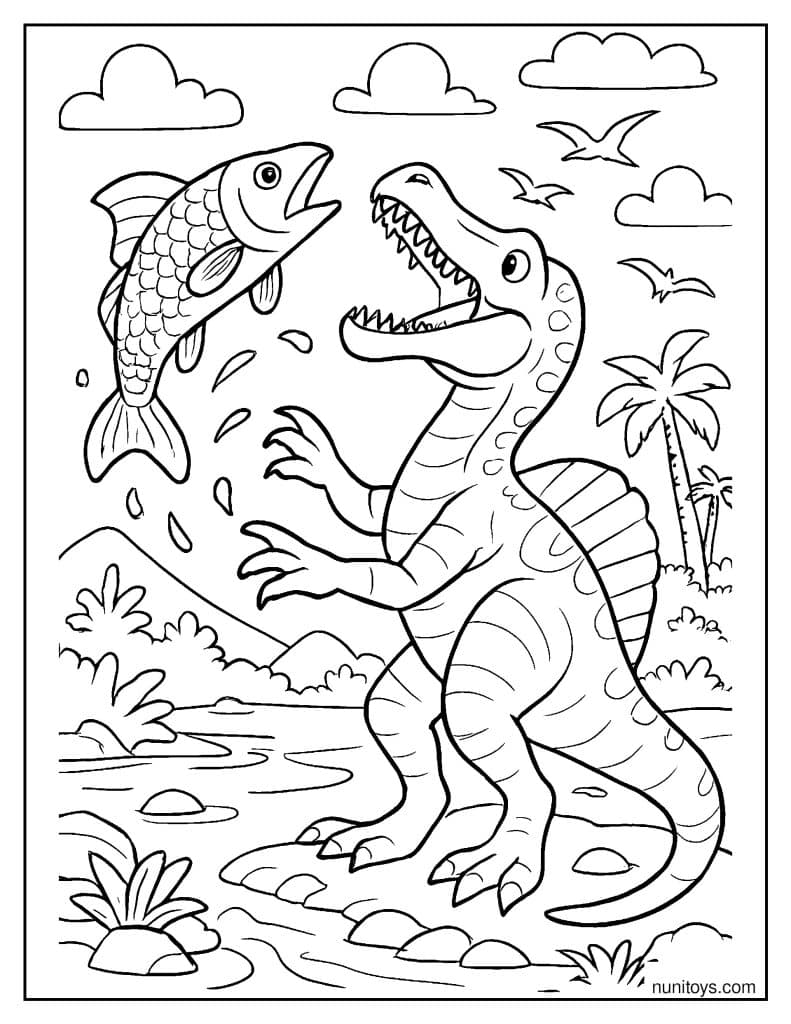 Spinosaurus Catching a Large Fish: Dramatic Mid-Air Scene Coloring Page