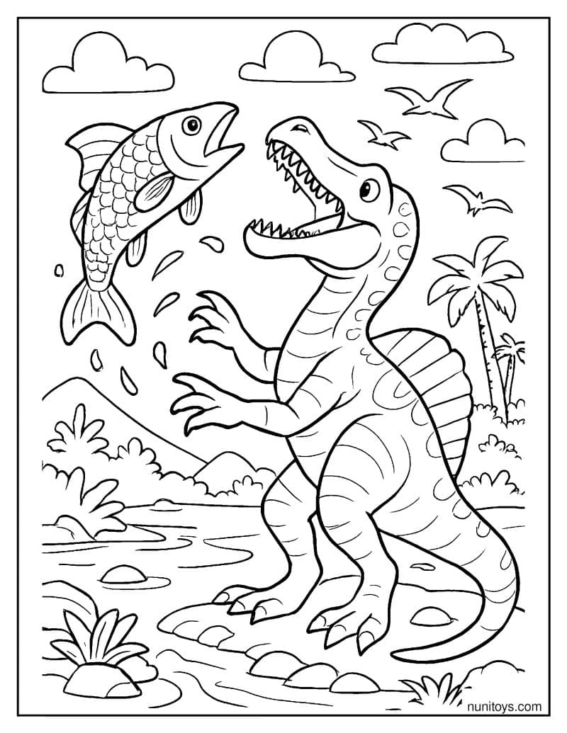 Spinosaurus Catching a Large Fish: Dramatic Mid-Air Scene Coloring Page