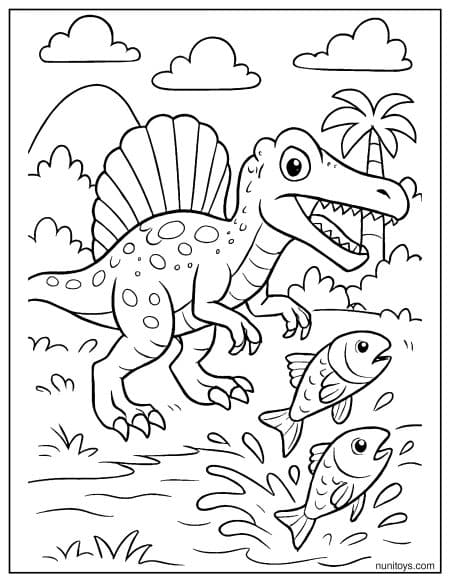 Spinosaurus Chasing Jumping Fish in Stream Coloring Page