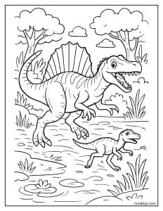 Spinosaurus Chasing Prey Through a Swampy Scene Coloring Page