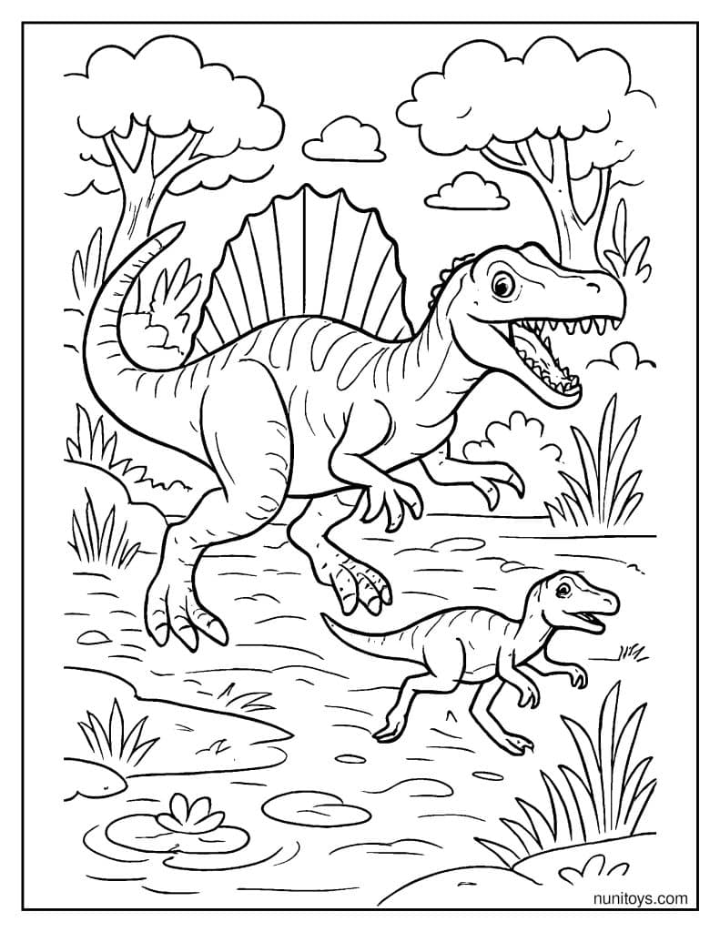 Spinosaurus Chasing Prey Through a Swampy Scene Coloring Page