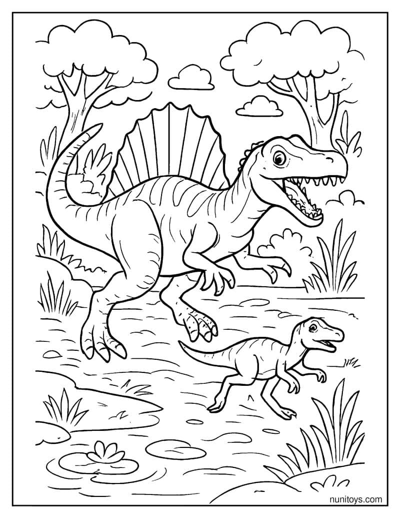 Spinosaurus Chasing Prey Through a Swampy Scene Coloring Page