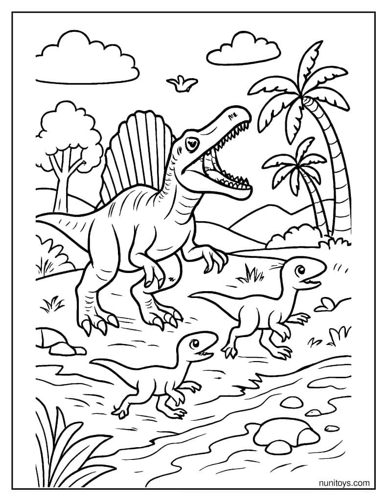 Spinosaurus Chasing Smaller Dinosaurs Along a River Edge Coloring Page