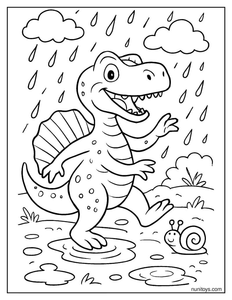 Spinosaurus Dancing in the Rain Coloring Page