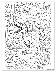 Spinosaurus Defending Its Territory in a Dense Jungle Coloring Page