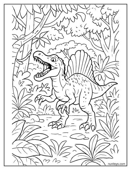 Spinosaurus Walking Through Dense Jungle Plants Coloring Page
