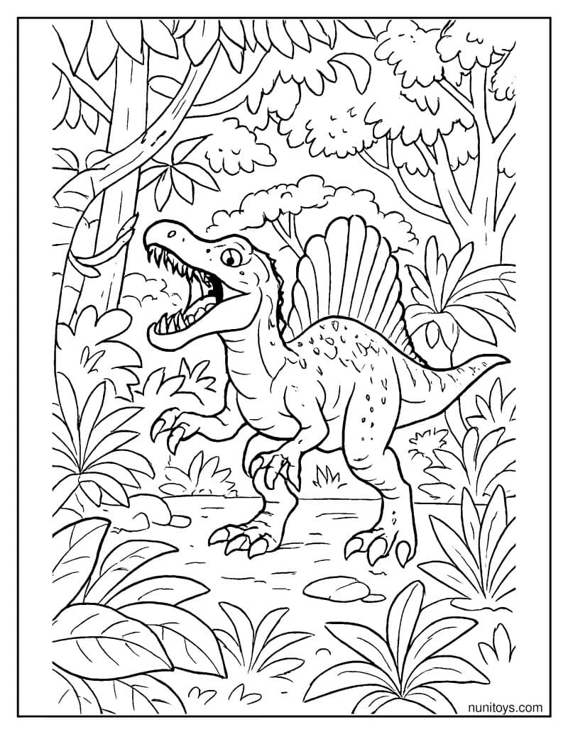Spinosaurus Defending Its Territory in a Dense Jungle Coloring Page