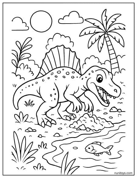 Spinosaurus Watching Fish by Riverbank Coloring Page