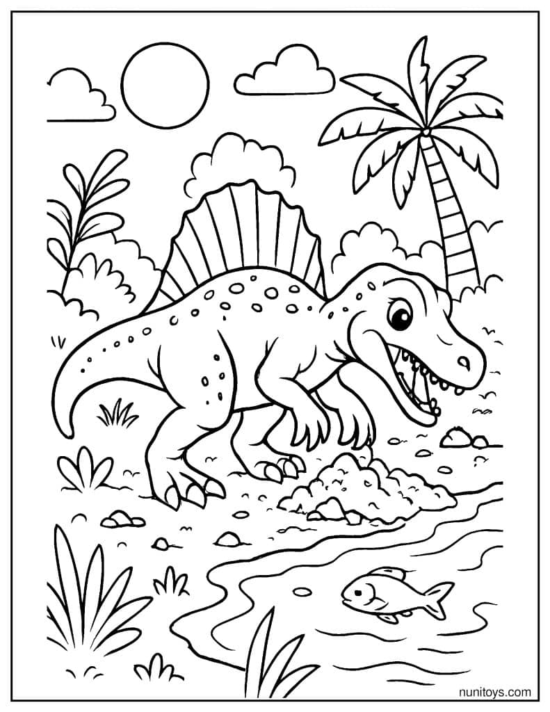 Spinosaurus Digging Near Water Coloring Page