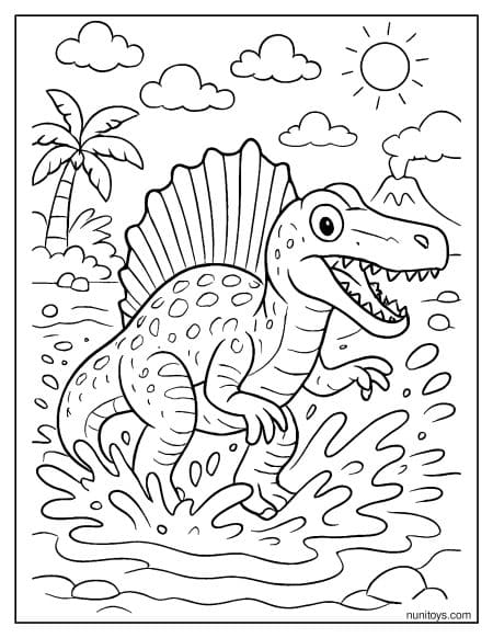 Spinosaurus Splashing Through Water Under Sun Coloring Page