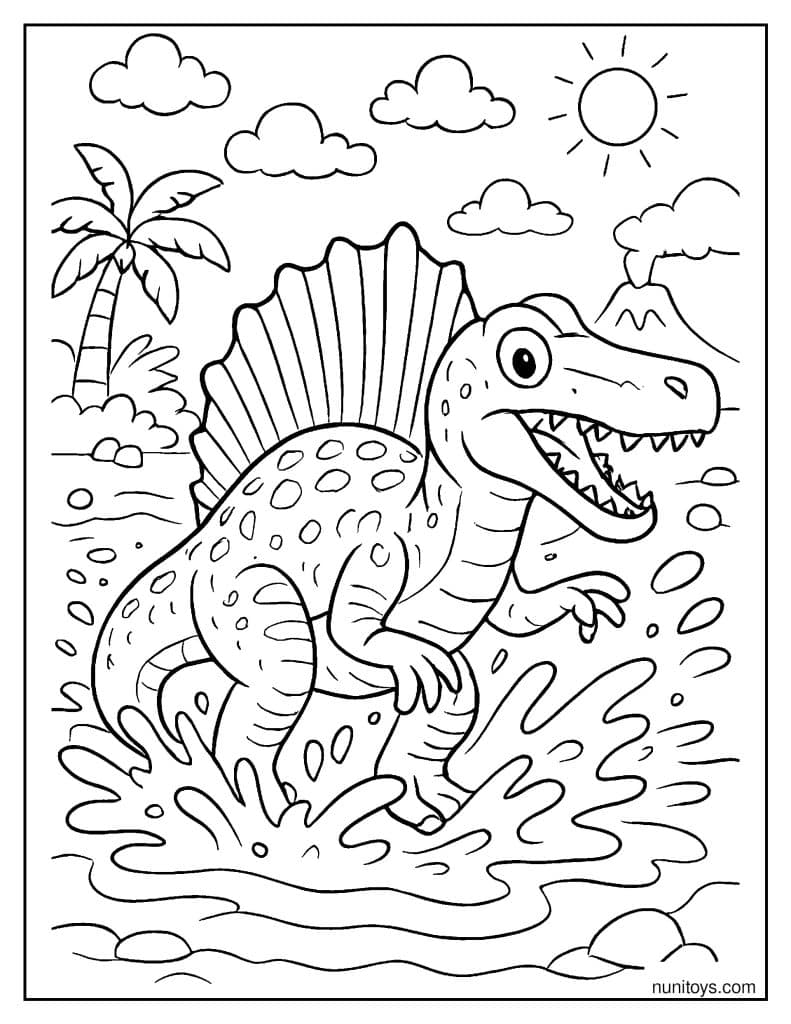 Spinosaurus Emerging from Water: Splashing Coloring Page