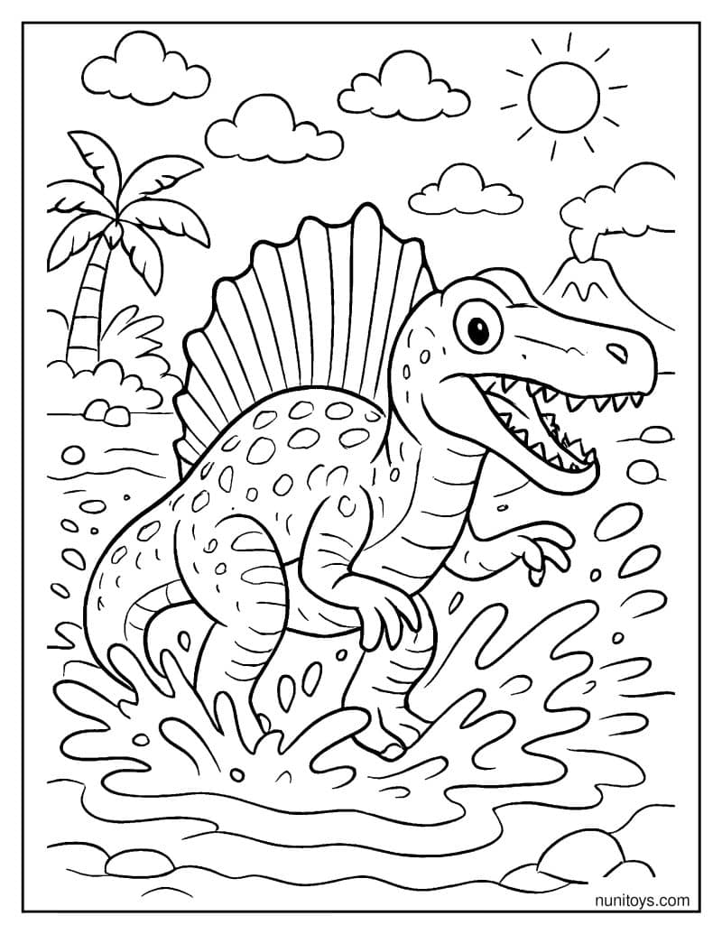 Spinosaurus Emerging from Water: Splashing Coloring Page