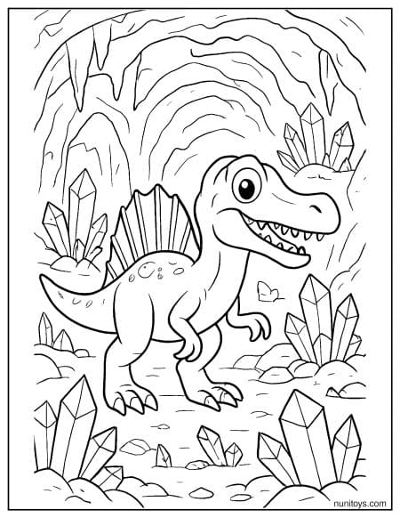 Spinosaurus Exploring Crystal Cave Coloring Page