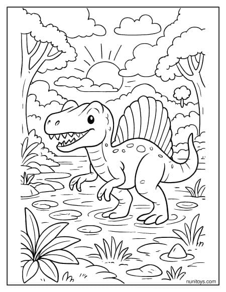 Spinosaurus Standing in Water at Sunrise Coloring Page