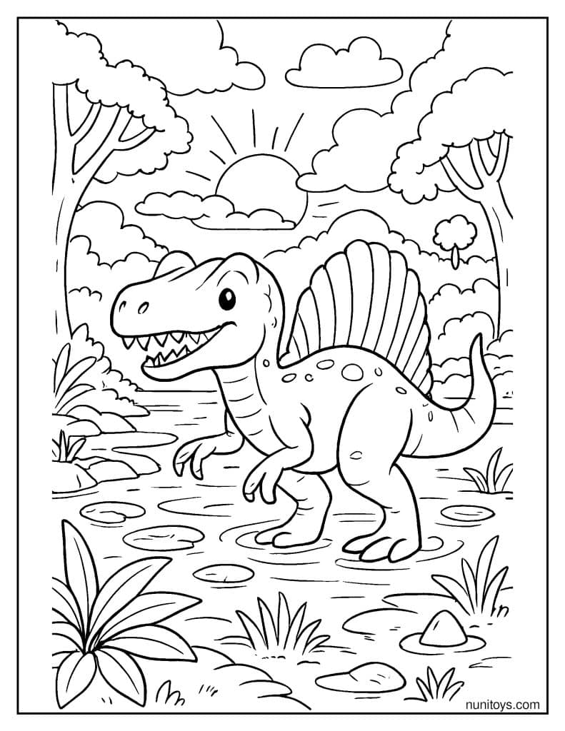 Spinosaurus Exploring a Foggy Swamp at Sunrise Coloring Page