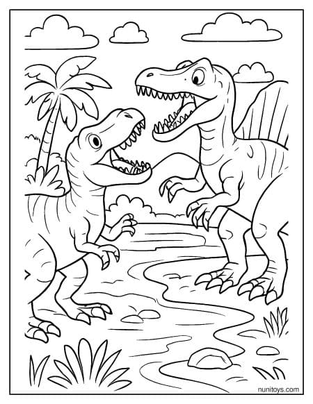 Spinosaurus Facing Another Dinosaur Near Water Coloring Page