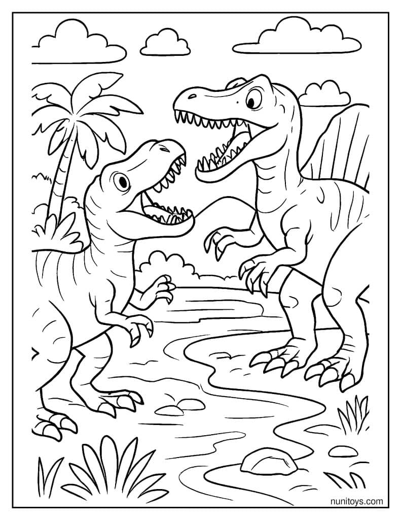 Spinosaurus Fighting Another Dinosaur by the Riverbank Coloring Page