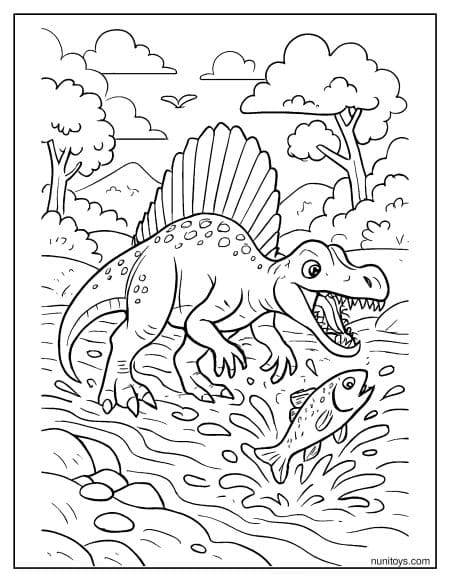 Spinosaurus Catching Fish in Splashing Water Coloring Page