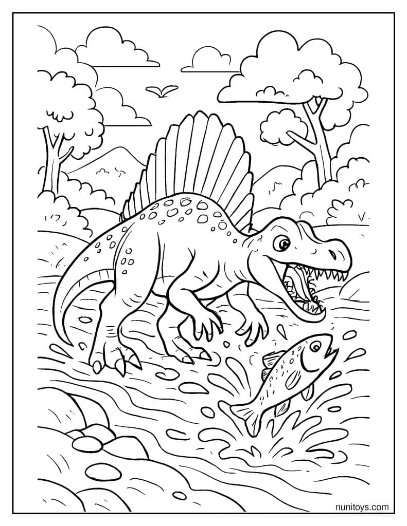 Spinosaurus Hunting Fish in a Flowing River Coloring Page