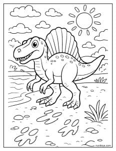 Spinosaurus Leaving Footprints in Wet Sand by a River Coloring Page