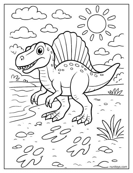 Spinosaurus Walking Under Bright Sun Shore Coloring Page