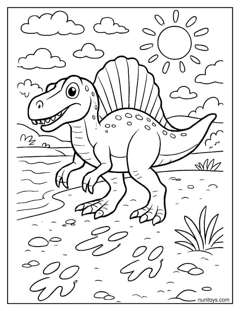 Spinosaurus Leaving Footprints in Wet Sand by a River Coloring Page