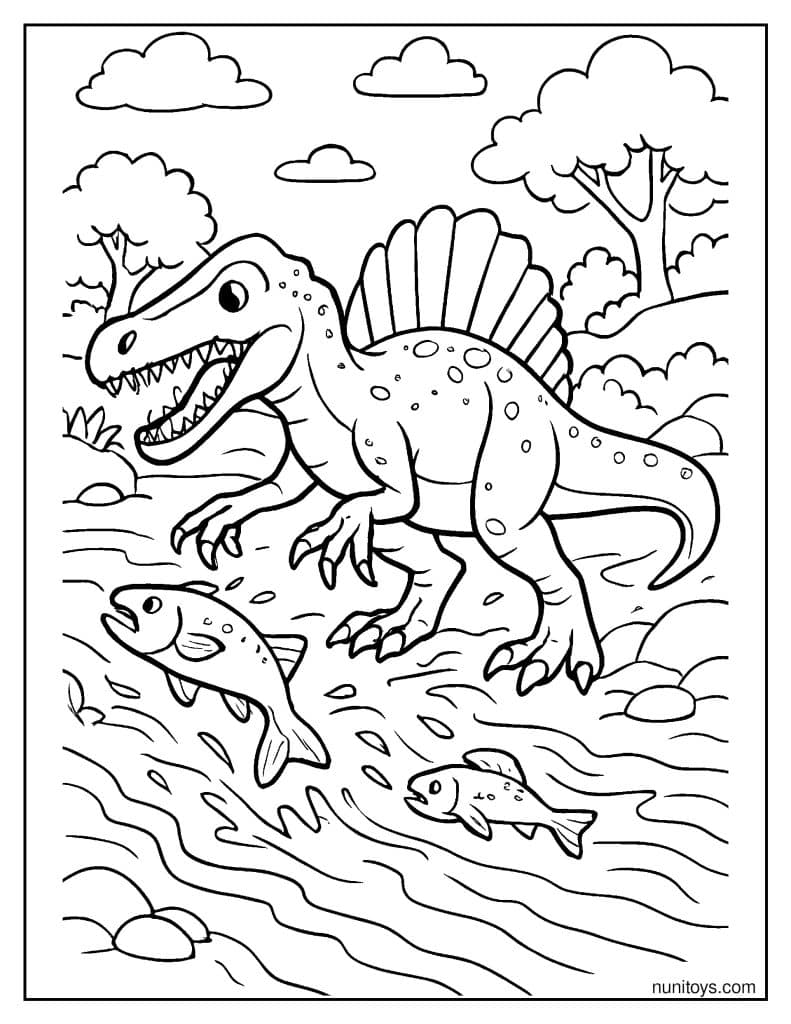 Spinosaurus Lunging to Grab Fish in a Rushing River Coloring Page