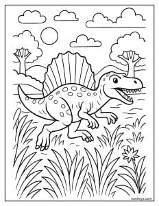 Spinosaurus Moving Quickly Through Tall Grass by the Water Coloring Page