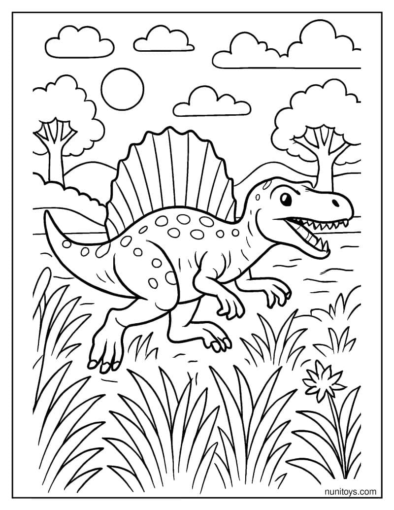 Spinosaurus Moving Quickly Through Tall Grass by the Water Coloring Page