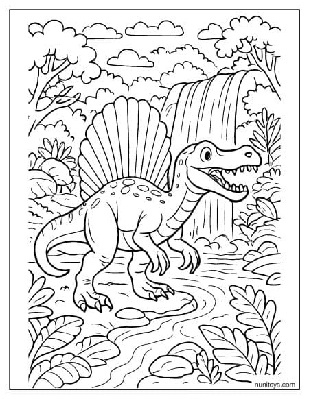 Spinosaurus in Dense Jungle River Path Coloring Page