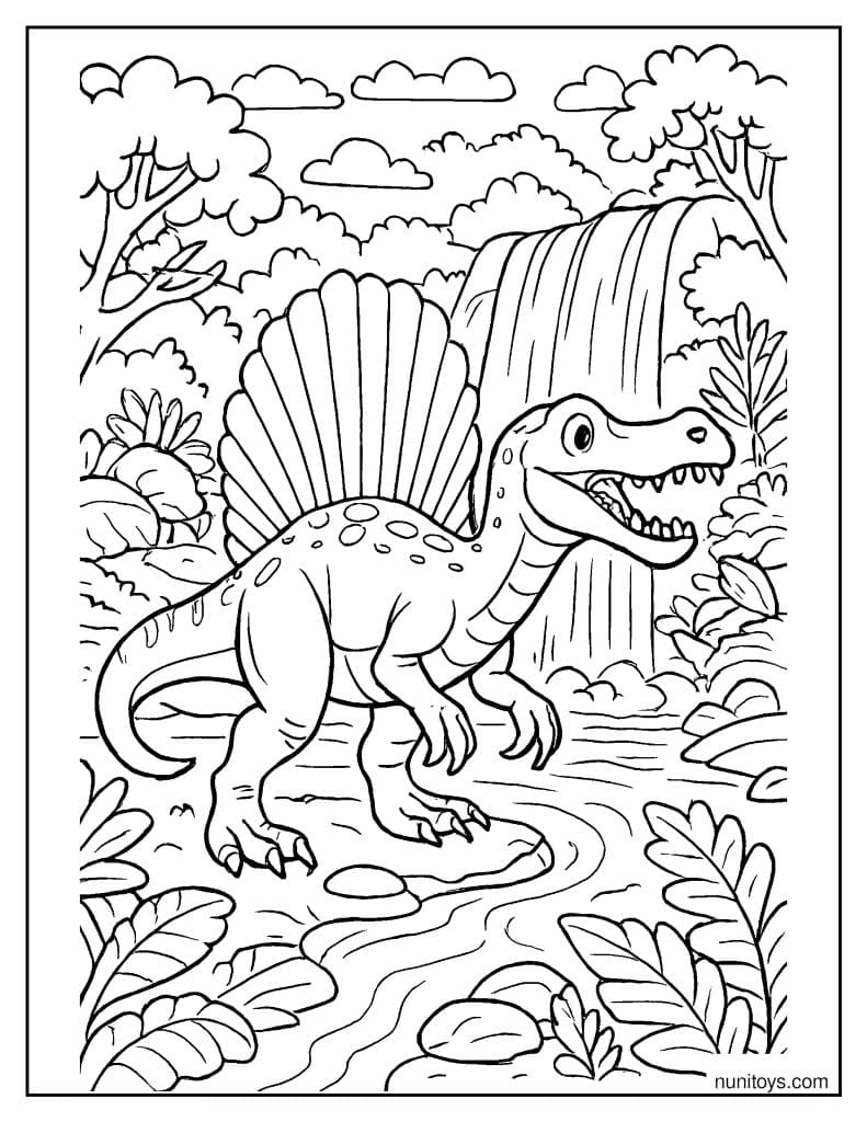 Spinosaurus by a Waterfall: Lush Jungle Coloring Page