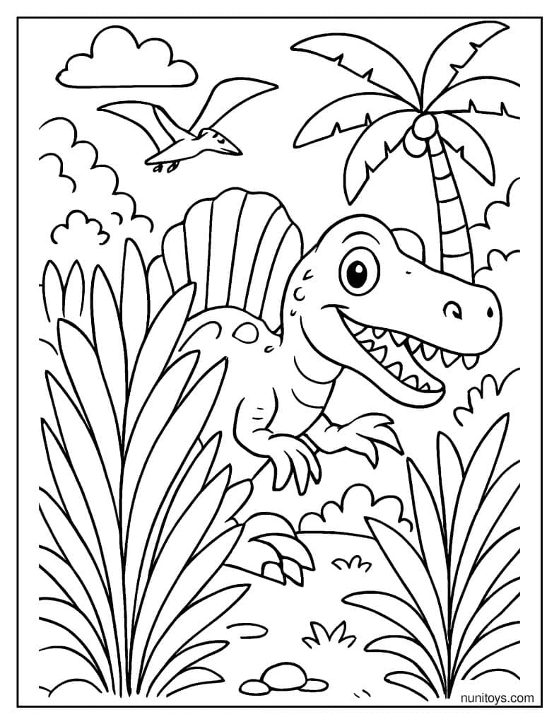 Spinosaurus Playing Hide and Seek Behind Tall Plants Coloring Page