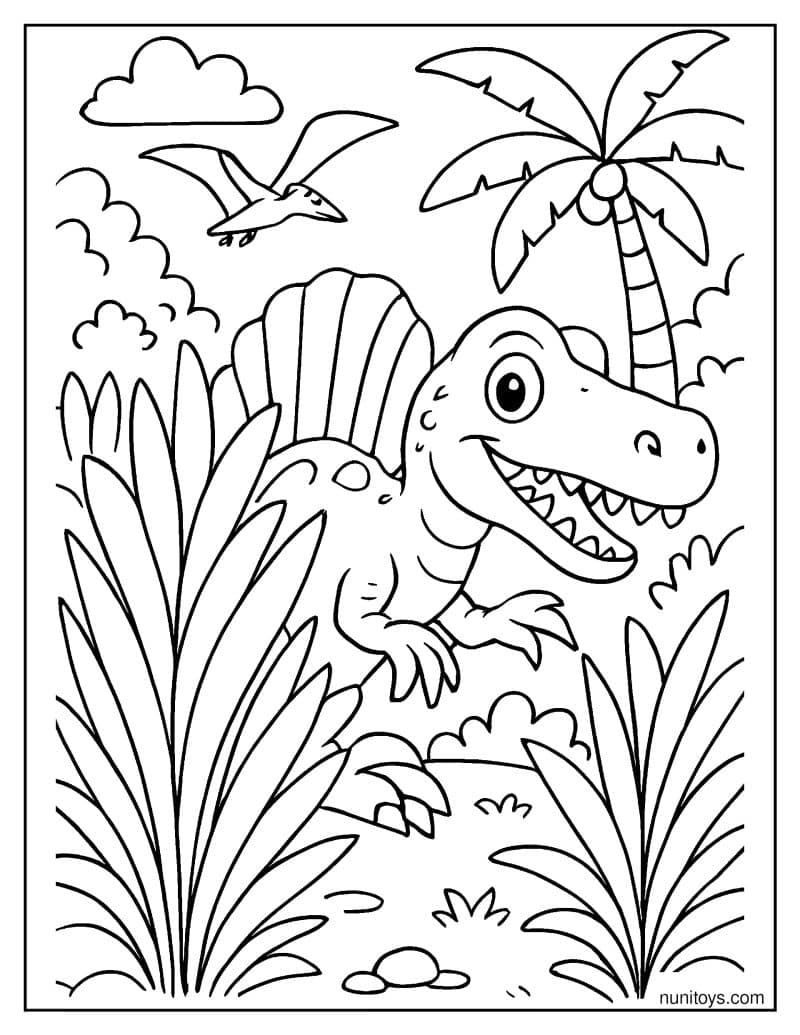 Spinosaurus Playing Hide and Seek Behind Tall Plants Coloring Page