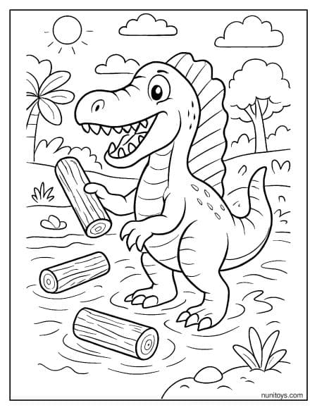 Spinosaurus Holding Logs in Forest Clearing Coloring Page