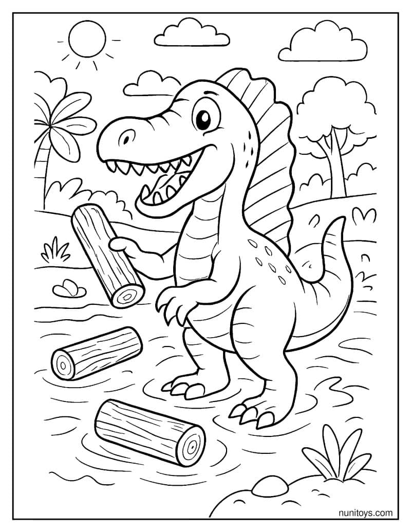 Spinosaurus Playing with Floating Logs in a River Coloring Page