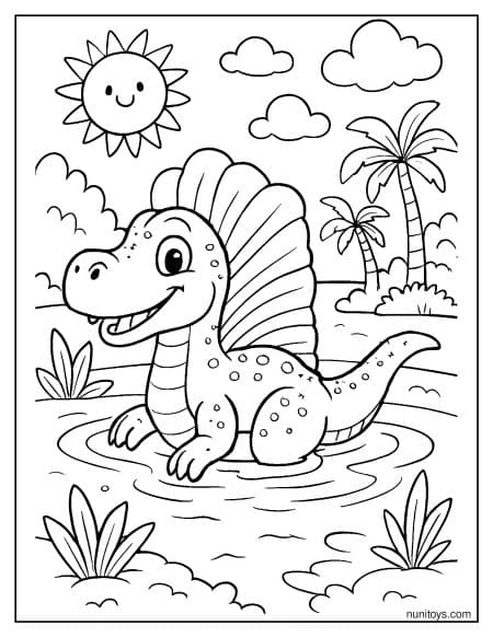 Spinosaurus Sitting in Water Under Smiling Sun Coloring Sheet