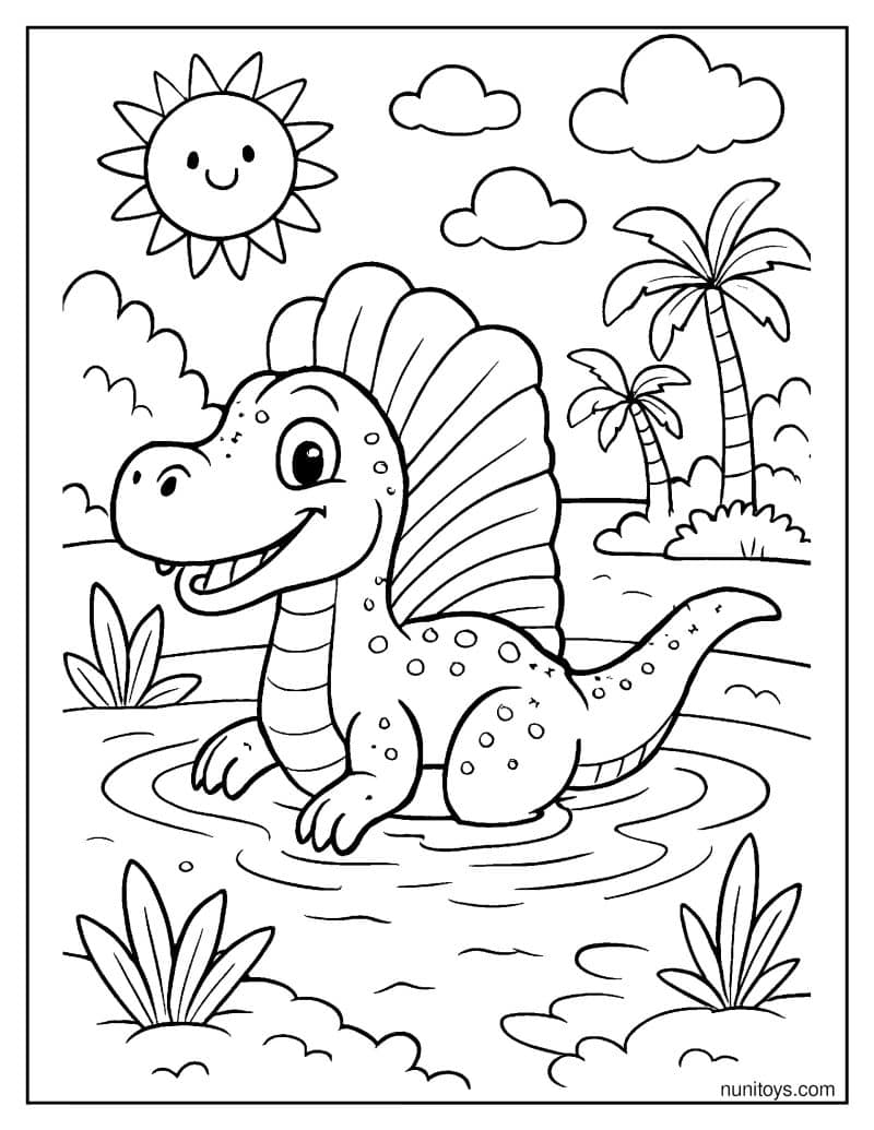 Spinosaurus Relaxing in a Sunny Pool Coloring Page