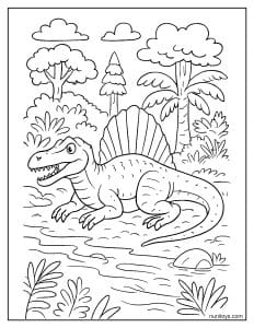 Spinosaurus Resting on a Muddy Riverbank Coloring Page